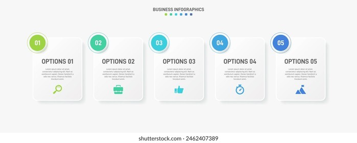 Horizontal progress bar featuring 5 arrow-shaped elements, symbolizing the five stages of business strategy and progression. Clean timeline infographic design template. Vector for presentation