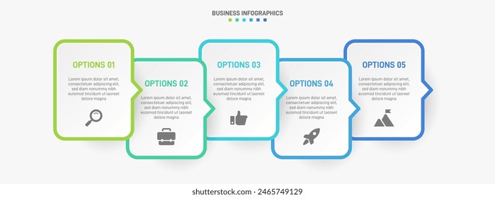 Horizontal progress bar featuring 5 arrow-shaped elements, symbolizing the five stages of business strategy and progression. Clean timeline infographic design template. Vector for presentation