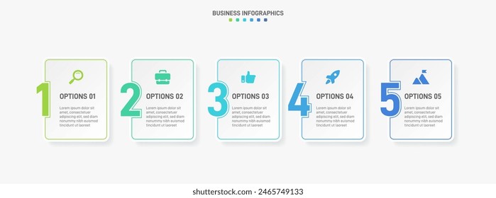 Horizontal progress bar featuring 5 arrow-shaped elements, symbolizing the five stages of business strategy and progression. Clean timeline infographic design template. Vector for presentation