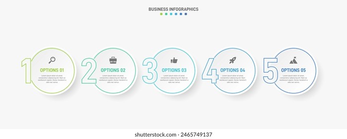 Barra de progreso Horizontal con 5 Elementos en forma de flecha, que simbolizan las cinco etapas de estrategia y progresión empresarial. Plantilla de diseño de infografía de línea de tiempo limpia. Vector de presentación