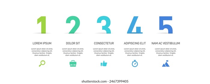 Horizontal progress bar featuring 5 arrow-shaped elements, symbolizing the five stages of business strategy and progression. Clean timeline infographic design template. Vector for presentation