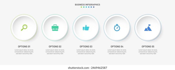 Barra de progreso Horizontal con 5 Elementos en forma de flecha, que simbolizan las cinco etapas de estrategia y progresión empresarial. Plantilla de diseño de infografía de línea de tiempo limpia. Vector de presentación