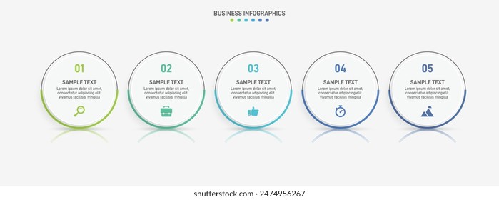 Horizontal progress bar featuring 5 arrow-shaped elements, symbolizing the five stages of business strategy and progression. Clean timeline infographic design template. Vector for presentation