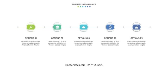 Barra de progreso Horizontal con 5 Elementos en forma de flecha, que simbolizan las cinco etapas de estrategia y progresión empresarial. Plantilla de diseño de infografía de línea de tiempo limpia. Vector de presentación