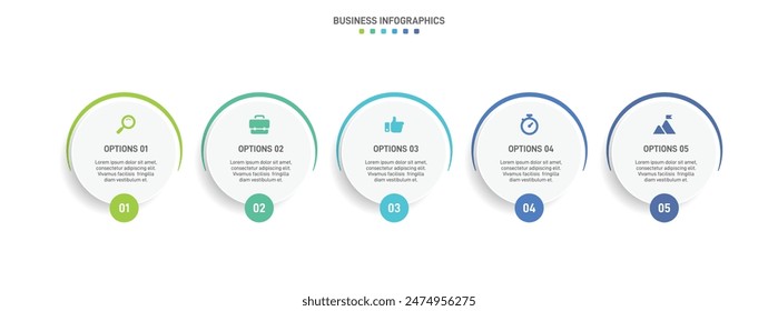 Barra de progreso Horizontal con 5 Elementos en forma de flecha, que simbolizan las cinco etapas de estrategia y progresión empresarial. Plantilla de diseño de infografía de línea de tiempo limpia. Vector de presentación