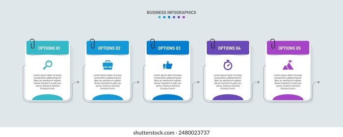 Horizontal progress bar featuring 5 arrow-shaped elements, symbolizing the five stages of business strategy and progression. Clean timeline infographic design template. Vector for presentation