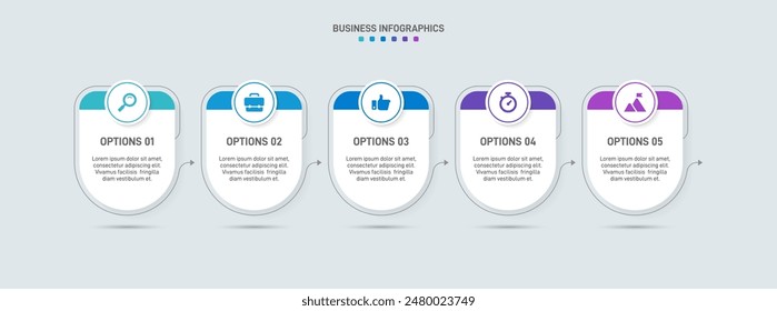 Horizontal progress bar featuring 5 arrow-shaped elements, symbolizing the five stages of business strategy and progression. Clean timeline infographic design template. Vector for presentation