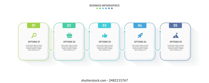 Horizontal progress bar featuring 5 arrow-shaped elements, symbolizing the five stages of business strategy and progression. Clean timeline infographic design template. Vector for presentation