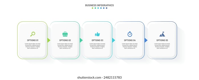 Horizontal progress bar featuring 5 arrow-shaped elements, symbolizing the five stages of business strategy and progression. Clean timeline infographic design template. Vector for presentation