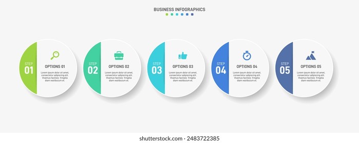 Barra de progreso Horizontal con 5 Elementos en forma de flecha, que simbolizan las cinco etapas de estrategia y progresión empresarial. Plantilla de diseño de infografía de línea de tiempo limpia. Vector de presentación