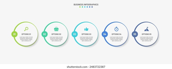 Horizontal progress bar featuring 5 arrow-shaped elements, symbolizing the five stages of business strategy and progression. Clean timeline infographic design template. Vector for presentation