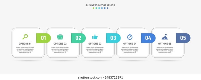 Horizontal progress bar featuring 5 arrow-shaped elements, symbolizing the five stages of business strategy and progression. Clean timeline infographic design template. Vector for presentation