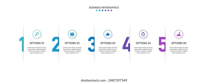 Barra de progreso Horizontal con 5 Elementos en forma de flecha, que simbolizan las cinco etapas de estrategia y progresión empresarial. Plantilla de diseño de infografía de línea de tiempo limpia. Vector de presentación