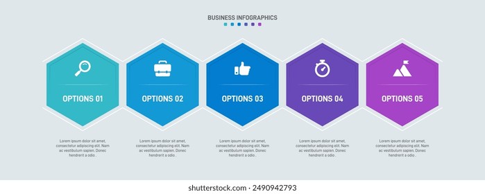 Horizontal progress bar featuring 5 arrow-shaped elements, symbolizing the five stages of business strategy and progression. Clean timeline infographic design template. Vector for presentation