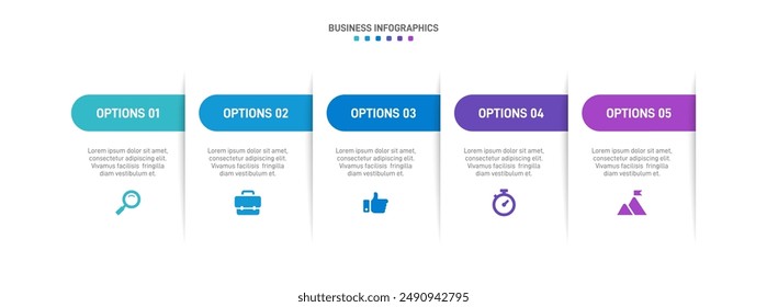 Horizontal progress bar featuring 5 arrow-shaped elements, symbolizing the five stages of business strategy and progression. Clean timeline infographic design template. Vector for presentation