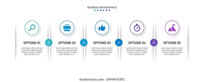 Horizontal progress bar featuring 5 arrow-shaped elements, symbolizing the five stages of business strategy and progression. Clean timeline infographic design template. Vector for presentation