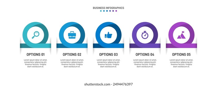 Barra de progreso Horizontal con 5 Elementos en forma de flecha, que simbolizan las cinco etapas de estrategia y progresión empresarial. Plantilla de diseño de infografía de línea de tiempo limpia. Vector de presentación