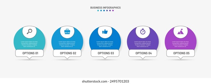 Horizontal progress bar featuring 5 arrow-shaped elements, symbolizing the five stages of business strategy and progression. Clean timeline infographic design template. Vector for presentation