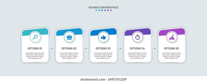 Horizontal progress bar featuring 5 arrow-shaped elements, symbolizing the five stages of business strategy and progression. Clean timeline infographic design template. Vector for presentation