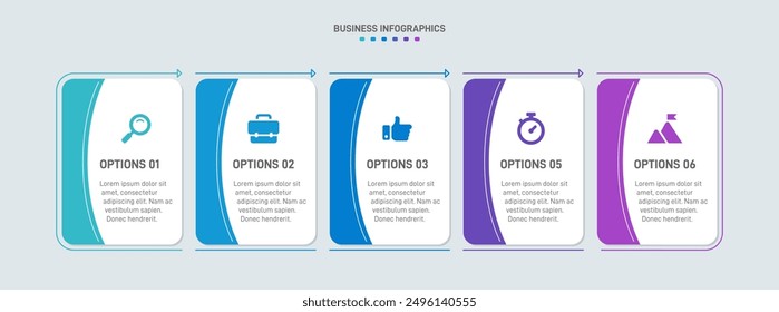 Horizontal progress bar featuring 5 arrow-shaped elements, symbolizing the five stages of business strategy and progression. Clean timeline infographic design template. Vector for presentation