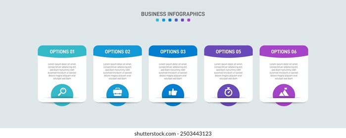 Horizontal progress bar featuring 5 arrow-shaped elements, symbolizing the five stages of business strategy and progression. Clean timeline infographic design template. Vector for presentation