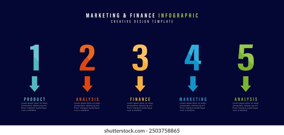 Horizontal progress bar featuring 5 arrow-shaped elements, symbolizing the five stages of business strategy and progression. Deep blue timeline infographic design template. Vector for presentation