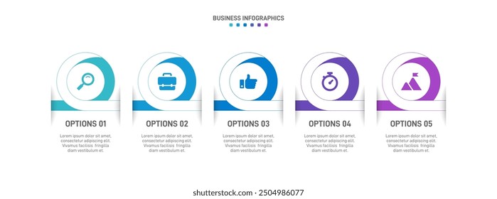 Horizontal progress bar featuring 5 arrow-shaped elements, symbolizing the five stages of business strategy and progression. Clean timeline infographic design template. Vector for presentation