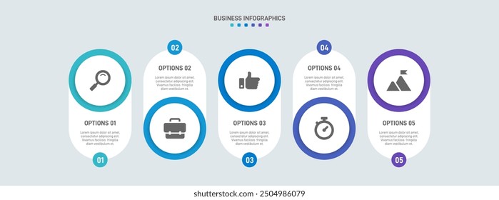 Horizontal progress bar featuring 5 arrow-shaped elements, symbolizing the five stages of business strategy and progression. Clean timeline infographic design template. Vector for presentation