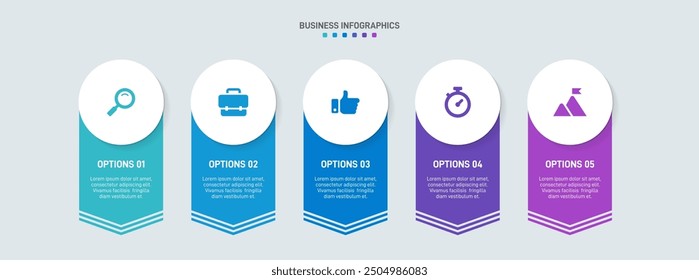 Horizontal progress bar featuring 5 arrow-shaped elements, symbolizing the five stages of business strategy and progression. Clean timeline infographic design template. Vector for presentation