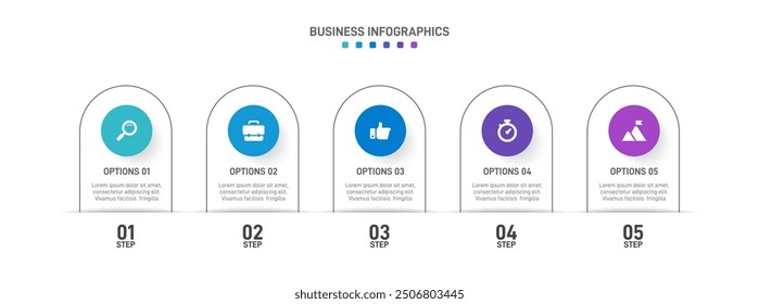 Horizontal progress bar featuring 5 arrow-shaped elements, symbolizing the five stages of business strategy and progression. Clean timeline infographic design template. Vector for presentation