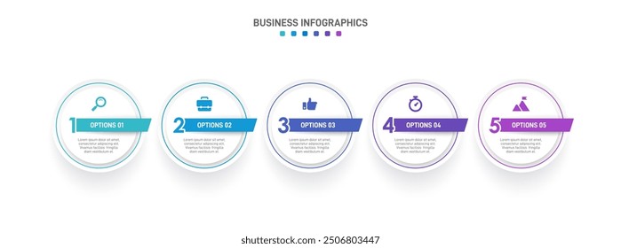 Horizontal progress bar featuring 5 arrow-shaped elements, symbolizing the five stages of business strategy and progression. Clean timeline infographic design template. Vector for presentation