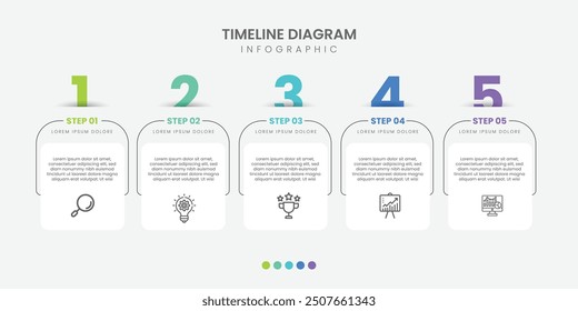 Horizontaler Fortschrittsbalken mit 5 pfeilförmigen Elementen, die die fünf Stufen der Geschäftsstrategie und des Fortschritts symbolisieren. Entwurfsvorlage für die Infografik der Zeitleiste säubern.