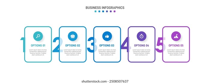 Barra de progresso horizontal com 5 elementos em forma de seta, simbolizando os cinco estágios da estratégia e progressão de negócios. Modelo de design de infográfico de linha do tempo limpo. Vetor para apresentação