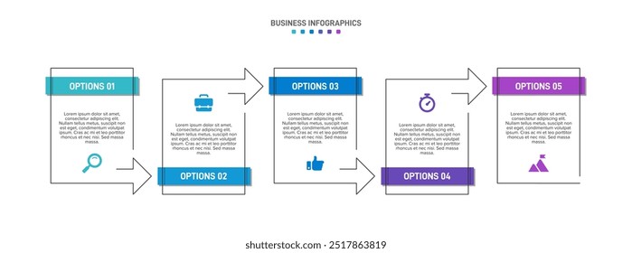 Horizontal progress bar featuring 5 arrow-shaped elements, symbolizing the five stages of business strategy and progression. Clean timeline infographic design template. Vector for presentation