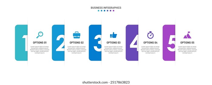 Horizontal progress bar featuring 5 arrow-shaped elements, symbolizing the five stages of business strategy and progression. Clean timeline infographic design template. Vector for presentation