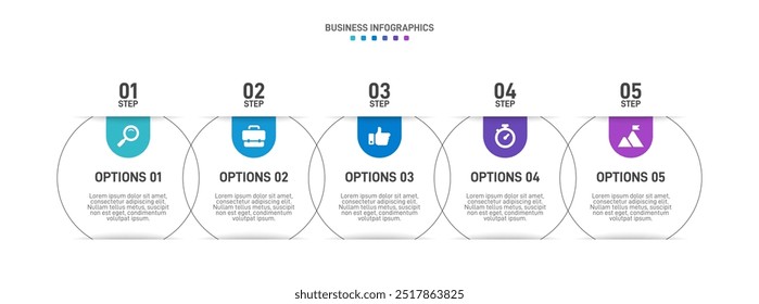 Horizontal progress bar featuring 5 arrow-shaped elements, symbolizing the five stages of business strategy and progression. Clean timeline infographic design template. Vector for presentation