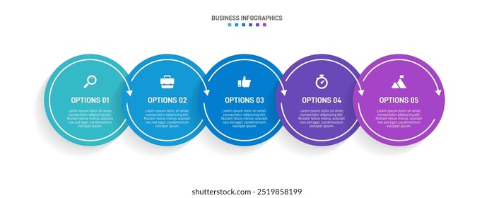 Barra de progreso Horizontal con 5 Elementos en forma de flecha, que simbolizan las cinco etapas de la estrategia y la progresión empresarial. Plantilla de diseño de infografía de línea de tiempo limpia. Vector de presentación