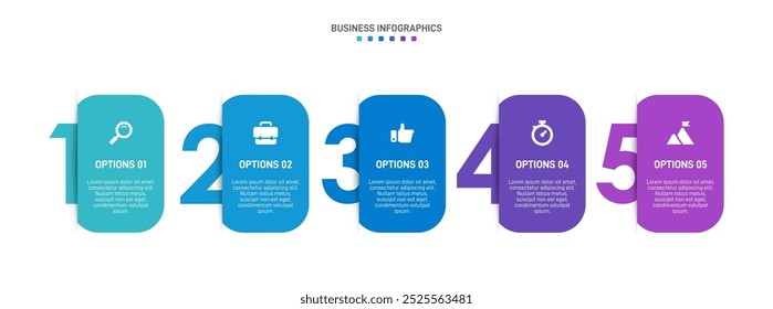 Barra de progresso horizontal com 5 elementos em forma de seta, simbolizando os cinco estágios da estratégia e progressão de negócios. Modelo de design de infográfico de linha do tempo limpo. Vetor para apresentação