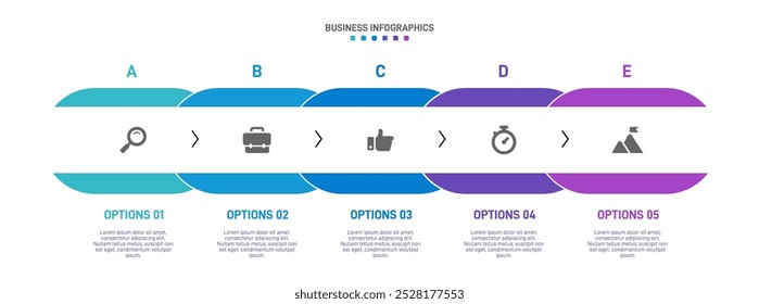 Horizontal progress bar featuring 5 arrow-shaped elements, symbolizing the five stages of business strategy and progression. Clean timeline infographic design template. Vector for presentation