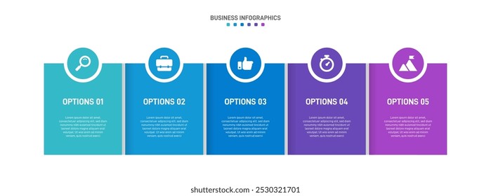 Horizontal progress bar featuring 5 arrow-shaped elements, symbolizing the five stages of business strategy and progression. Clean timeline infographic design template. Vector for presentation