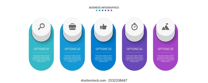 Horizontal progress bar featuring 5 arrow-shaped elements, symbolizing the five stages of business strategy and progression. Clean timeline infographic design template. Vector for presentation
