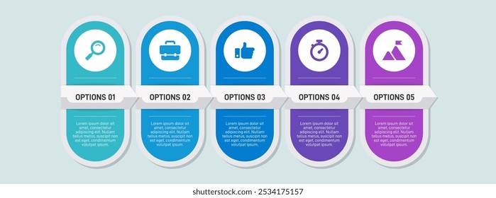 Horizontal progress bar featuring 5 arrow-shaped elements, symbolizing the five stages of business strategy and progression. Clean timeline infographic design template. Vector for presentation