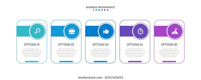 Horizontal progress bar featuring 5 arrow-shaped elements, symbolizing the five stages of business strategy and progression. Clean timeline infographic design template. Vector for presentation