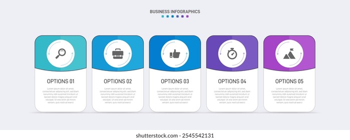 Horizontal progress bar featuring 5 arrow-shaped elements, symbolizing the five stages of business strategy and progression. Clean timeline infographic design template. Vector for presentation