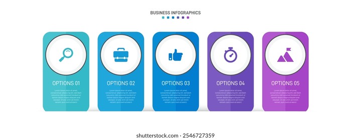 Horizontal progress bar featuring 5 arrow-shaped elements, symbolizing the five stages of business strategy and progression. Clean timeline infographic design template. Vector for presentation