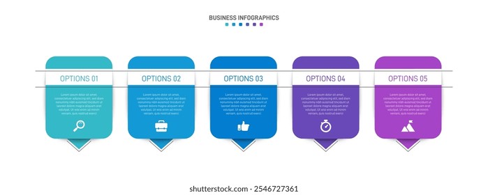 Horizontal progress bar featuring 5 arrow-shaped elements, symbolizing the five stages of business strategy and progression. Clean timeline infographic design template. Vector for presentation