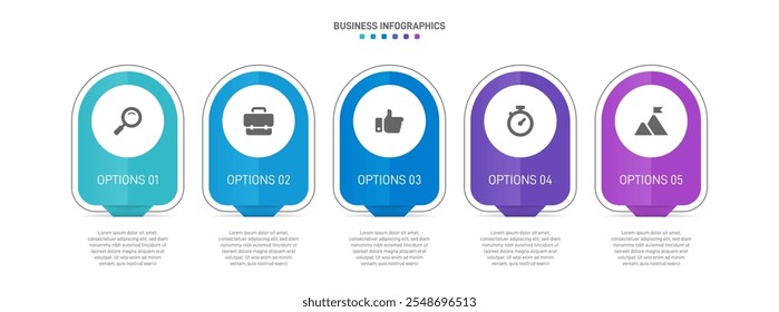 Horizontal progress bar featuring 5 arrow-shaped elements, symbolizing the five stages of business strategy and progression. Clean timeline infographic design template. Vector for presentation