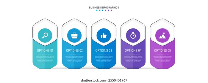 Horizontal progress bar featuring 5 arrow-shaped elements, symbolizing the five stages of business strategy and progression. Clean timeline infographic design template. Vector for presentation
