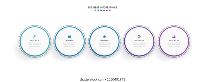 Horizontal progress bar featuring 5 arrow-shaped elements, symbolizing the five stages of business strategy and progression. Clean timeline infographic design template. Vector for presentation