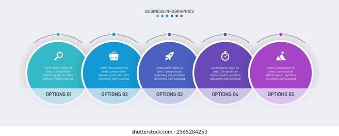 Horizontal progress bar featuring 5 arrow-shaped elements, symbolizing the five stages of business strategy and progression. Clean timeline infographic design template. Vector for presentation